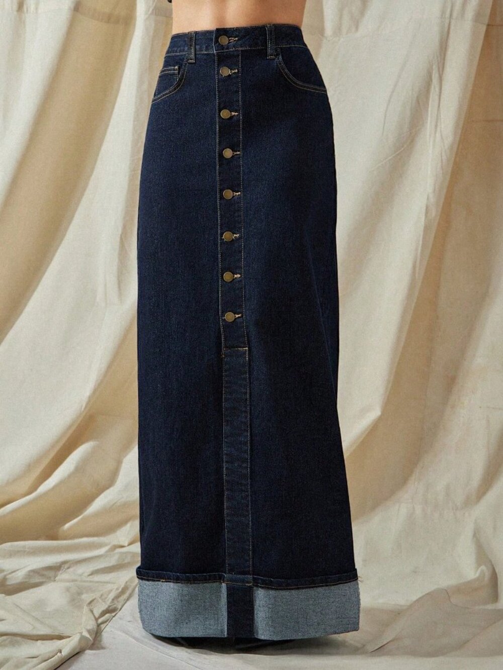 Dark Wash Casual Women's High Waist Cuffed Hem Button Up Maxi Denim Skirt